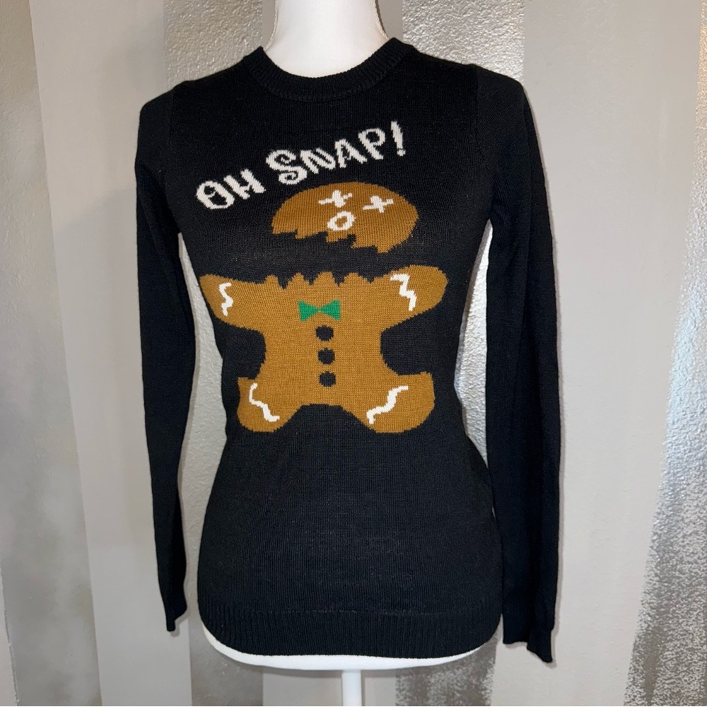 Ladies Small Black Gingerbread‎ Cookie Ugly Christmas photos Sweater Thin